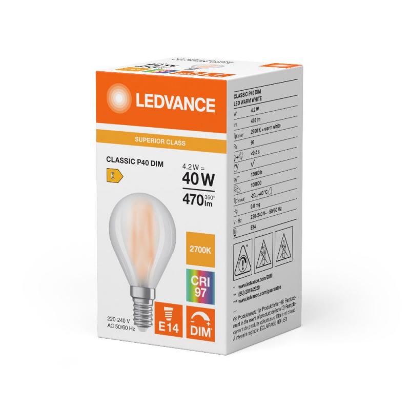 Ledvance E14 LED Tropfenlampe Classic matt dimmbar 4,2W wie 40W 2700K warmweißes Licht hohe Farbwiedergabe CRI97